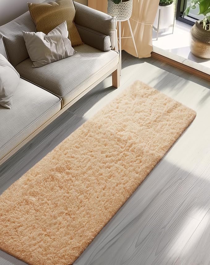 Ophanie 2x8 Runner Rug for Hallway, Upgrade Non-Slip Fluffy Soft Bedside Rugs, Bedroom Living Room Beige Shaggy Carpet for Kids Girls Boys Dorm Nursery Home Decor Aesthetic