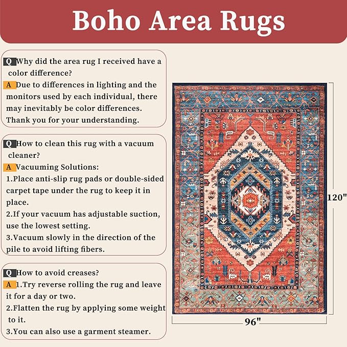 SERISSA Washable Rugs 8x10 Area Rugs, Large Non-Slip Boho Living Room Rust Rug, Ultra Soft Vintage Print Distressed Oriental Tribal Farmhouse Carpet for Dining Room Bedroom Dorm Office Home Decor