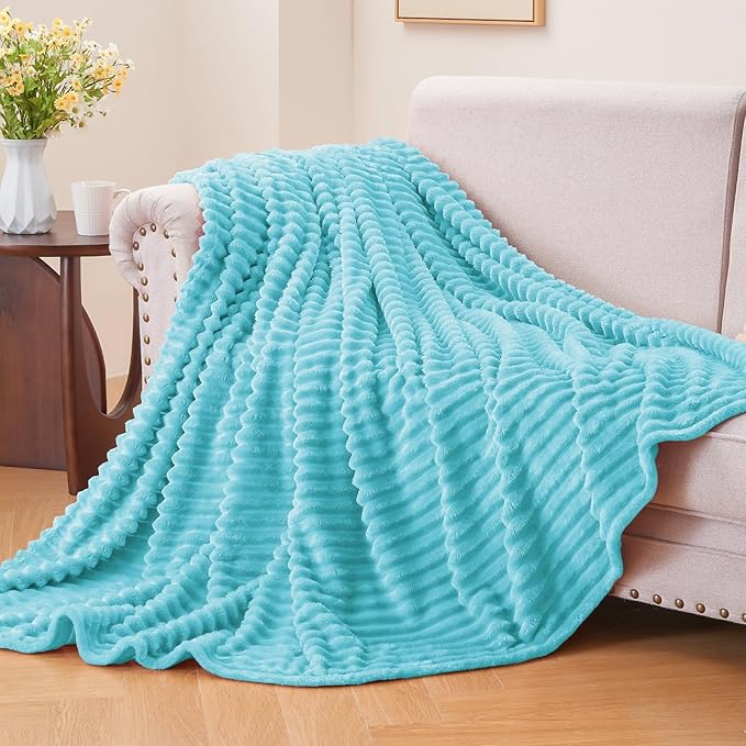 BEDELITE Fleece Throw Blanket for Couch – 3D Ribbed Jacquard Soft and Warm Decorative Fuzzy Blanket – Cozy, Fluffy, Plush Lightweight Light Blue Throw Blankets for Bed, Sofa, 50x60 inches
