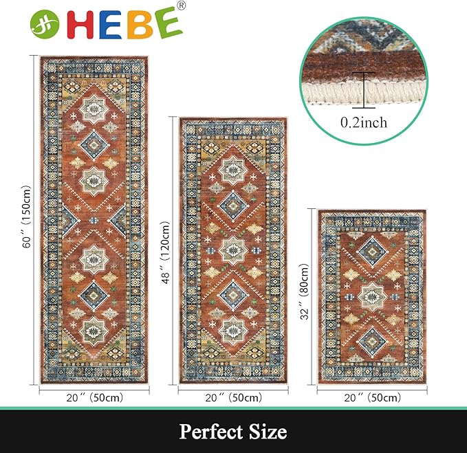 HEBE Boho Kitchen Rug Sets 3 Piece with Runner Non Slip Kitchen Rugs and Mats Washable Kitchen Mats for Floor Thick Kitchen Floor Mat Carpet Runner Rugs for Hallway Laundry Holiday Decor