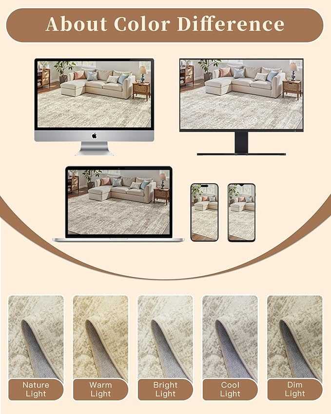 Madane 8x10 Area Rugs for Living Room, Machine Washable Vintage Beige Rug with Non-Slip Backing, Soft Throw Large Rug, Thin Carpet for Bedroom Dining Room Farmhouse Under Table