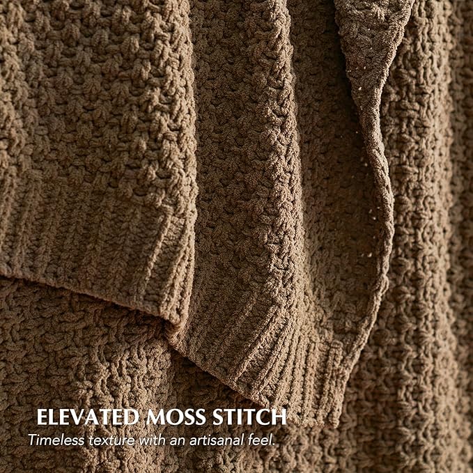 EVERGRACEHOME Chunky Chenille Knit Throw Blanket for Couch, Soft Luxurious Oversized Queen Moss Stitch Blanket for Bed, Cozy Farmhouse Knitted Throw for Sofa, Camel Brown, 90" x 90"