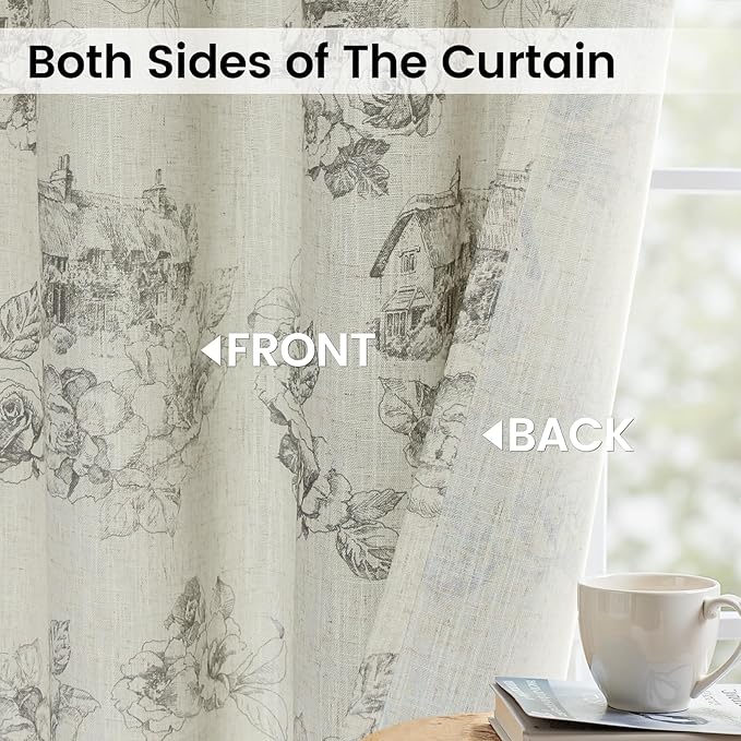 Yakamok Grey Floral Linen Curtains for Living Room 84 Inches Long,Printed Floral Curtains Farmhouse Grommet Bedroom Curtain 2 Panels