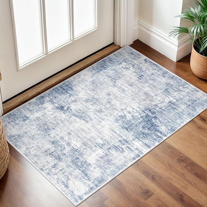IOHOUZE Small Abstract Area Rug 2x3 Ft Entryway Rugs Washable Door Mat Indoor Entrance, Rubber Backed Throw Rugs, Printed Non Slip Floor Carpet for Foyer Front Door Sink, Light Blue Grey