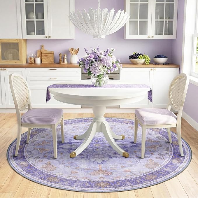 Area Rugs 6ft Washable Non-Slip, Floral Vintage Distress Print Pattern Medallion Carpet for Living Room Bedroom Dining Room, Light Purple Brown