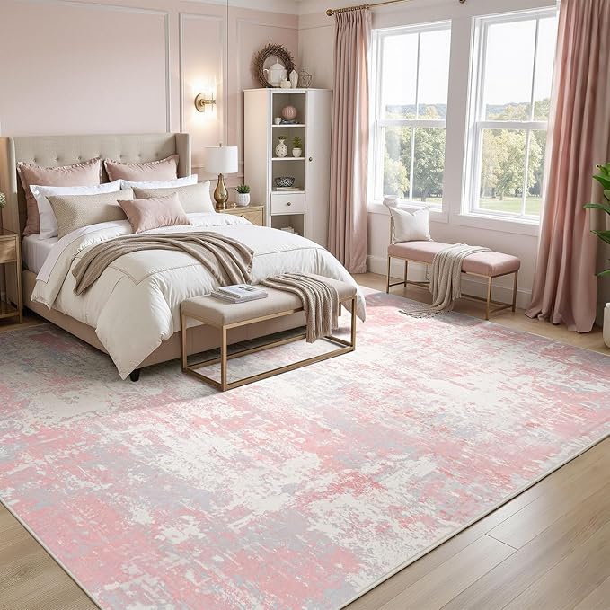 Rugflix 5x7 Area Rugs for Living Room, Washable Large Rug Stain-Resistant Low Pile, Modern Carpet for Dining Room Home Office Kid Room Nursery Bedroom, Pink Grey