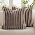 decorUhome Cozy Faux Fur Throw Pillow Covers 26x26 Set of 2 Decorative Soft Plush Striped Modern Farmhouse Boho Couch Euro Sham Pillow Cases with Velvet Back for Sofa Bed Living Room, Light Coffee