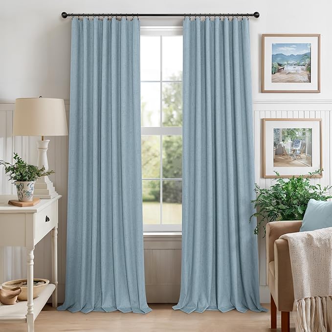 Dusty Blue Blackout Curtains for Living Room 84 Inch Length 2 Panel Farmhouse Linen Textured Thermal Darkening Blocking Light Blue Curtain Drapes for Bedroom Grayish Blue Grey 52x84 Long Back Tab