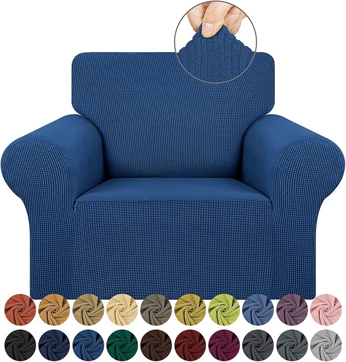 KEKUOU Stretch Single Sofa Slipcover 1 Piece Couch Sofa Cover (31"-55") Furniture Protector 1 Seater Sofa with Elastic Bottom for Kids,Pet.Jacquard Small Checked Pattern Fabric(Small,Classic Bluel)