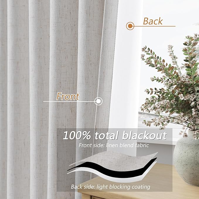 Guken Natural 100% Blackout Curtains 112 Inch Length 2 Panels Set Neutral Linen Farmhouse for Bedroom Back Tab Thermal Insulated Black Out Drapes Room Darkening Window Curtain 112 Inches Long