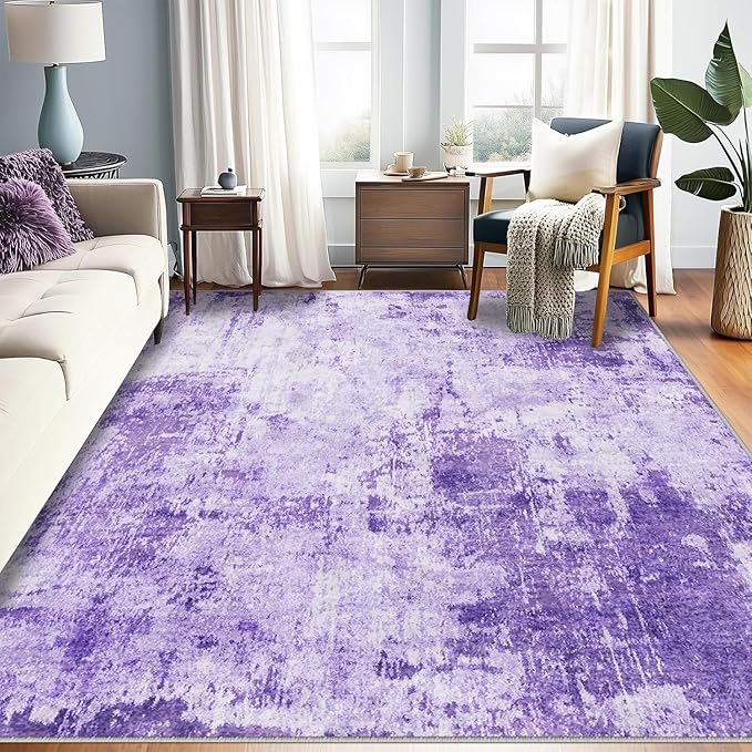 Washable Area Rugs 10'x14 Non-Slip Modern Abstract Soft for Living Room Entryway Bedroom Nursery, Print Pattern, Purple Gray Pink White