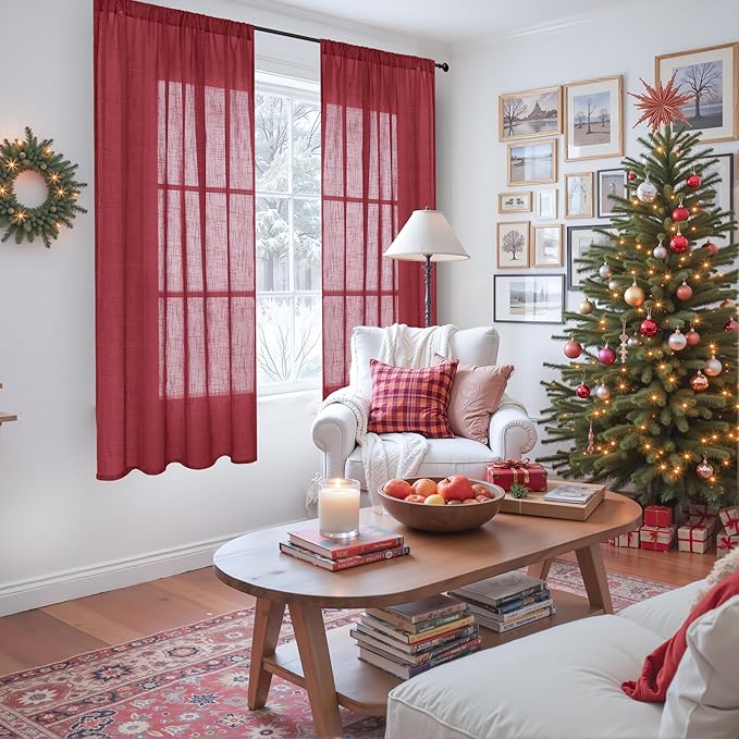 Curtain Panels in Burgundy, Light-Filtering Linen Blend, 63-Inch Length