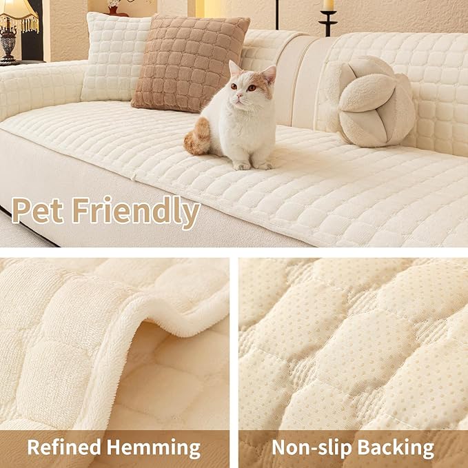 Velvet Couch Covers for Dogs, Dog Sectional Couch Covers, Pet Couchs Cover for 3-4 Seater, Couchs Protector for Dogs, Sectional Sofa Cover for Pet Washable(1PC,Beige White,27.6"×82.7")