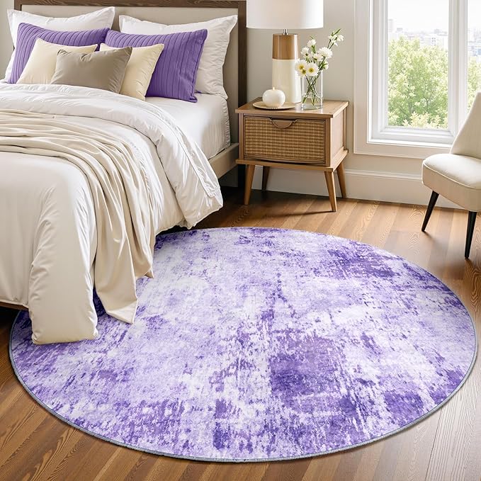 Washable Area Rugs 4ft Non-Slip Modern Abstract Soft for Living Room Entryway Bedroom Nursery, Print Pattern, Purple Gray Pink White
