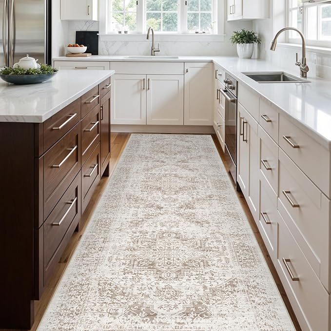 4x10 Washable Hallway Runner Rug - Wide Kitchen Runners Vintage Low Pile Carpet Soft Thin Floor Runner with Rubber Backing for Entryway Bedroom Living Room Home Decor (Cream/Camel)