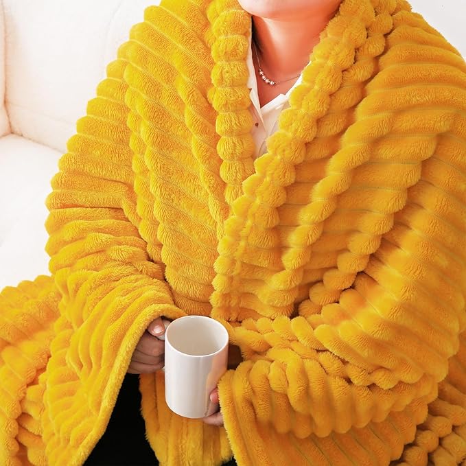 Gold Fleece Throw Blanket 60”×80” for Couch Sofa Bed,Super Soft Cozy Plush Microfiber Flannel Blanket with Stripes Design Lightweight for Adults,Woman,Girls