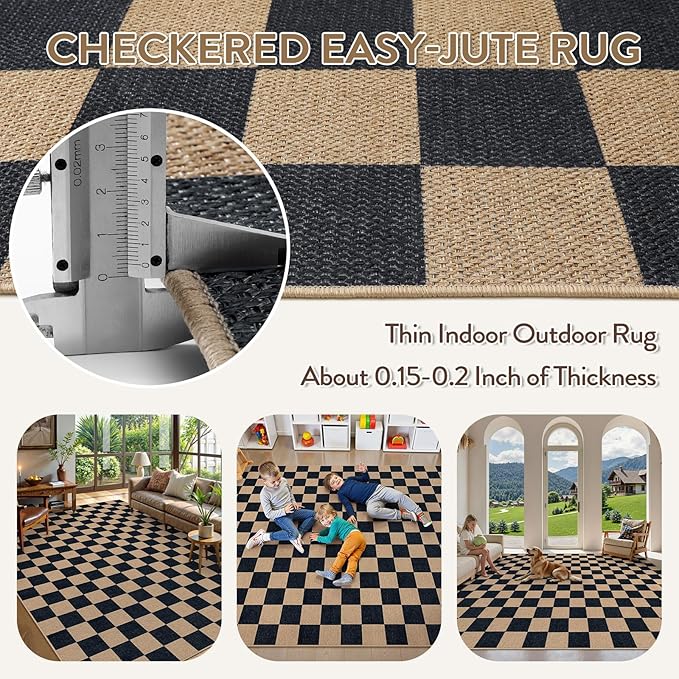 Lahome Colette Checkered Easy Jute Rug, 9x12 Area Rug for Living Room Indoor Outdoor Carpet, Farmhouse Neutral Non Slip Non Shedding Stain Resistance Floor Carpet for Patio Dining Room Backyard