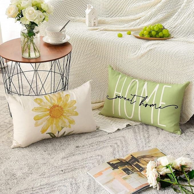 AVOIN colorlife Home Sweet Home Spring Summer Flowers Green Throw Pillow Covers, 12 x 20 Inch Cushion Case for Sofa Couch Set of 4