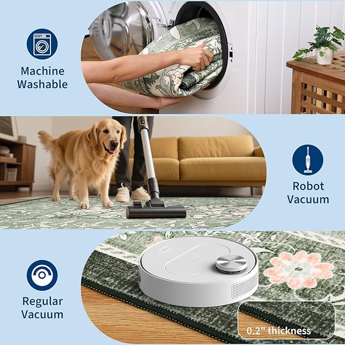 GarveeHome Provence 8x10 Area Rugs for Living Room, Botanical Grove Sage Green Cottagecore Washable Rug for Bedroom Dining Nursery Low-Pile Vintage Large Carpet