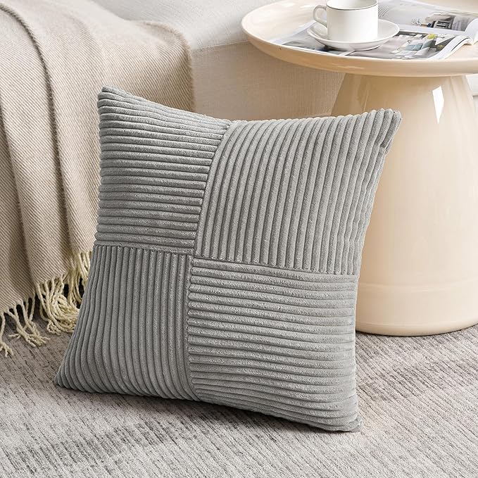 Fancy Homi 2 Packs Grey Samll Decorative Throw Pillow Covers 14x14 Inch with for Couch Bed Sofa, Rustic Farmhouse Boho Home Decor, Soft Corss Patchwork Corduroy Square Cushion Case 35x35 cm