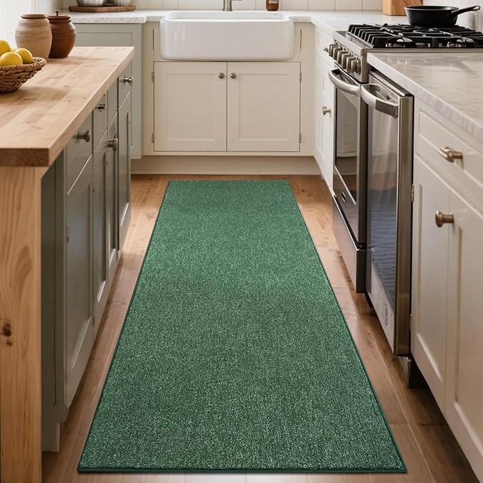 FinRèc 2x6 Washable Runner Rugs for Kitchen Hallway Bedroom, Low Pile Thin Rug Solid Color, Non-Slip Carpet Indoor for Home Decor (Green)
