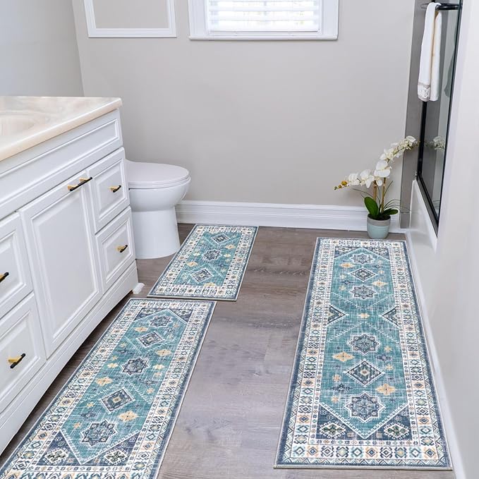 HEBE Boho Kitchen Rug Sets 3 Piece with Runner Non Slip Kitchen Rugs and Mats Washable Kitchen Mats for Floor Thick Kitchen Floor Mat Carpet Runner Rugs for Hallway Laundry Holiday Decor