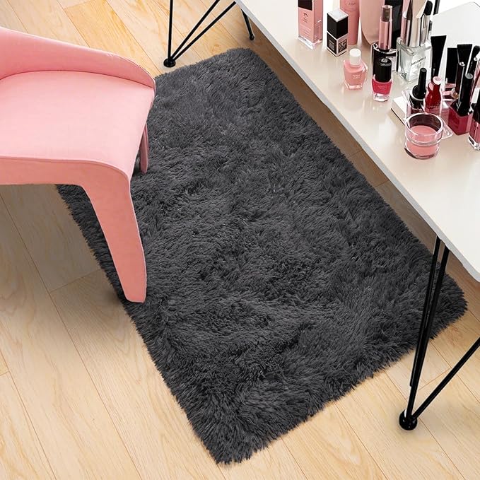 Pionblank Fluffy Small Rug for Bedroom 2x3 Feet, Shag Soft Area Rug for Bedside, Modern Plush Cute Carpet for Kids Girls Boys Room Nursery Decor, Charcoal Grey