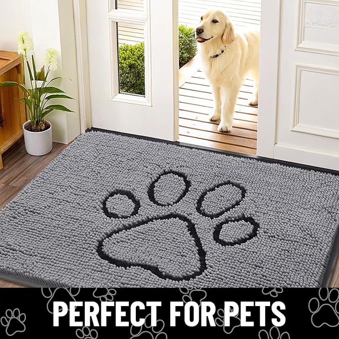 Smiry Dog Door Mat for Muddy Paws, Absorbent Dirt Trapper Non Slip Quick Dry Washable Chenille Mat for Mud Dogs, Entry Rug for Indoor and Outdoor (30x20 Inches, Grey and Black)