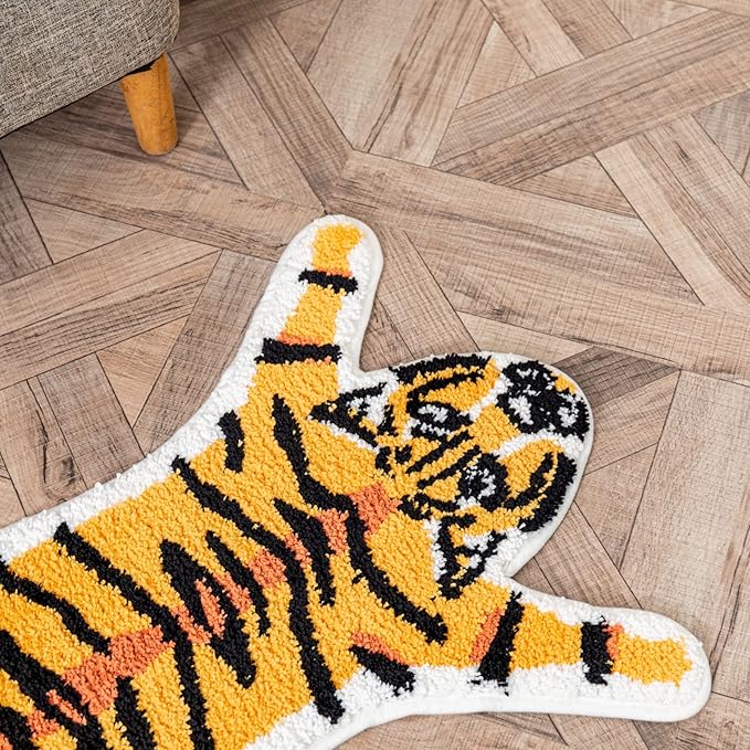 Tiger Print Rug, Animal Printed Small Area Rugs Faux Cowhide Skin Leather Nonslip Personalized Bath Rug Cartoon Carpet Bedroom Office Livingroom Floor Mat 32.2inx21.4in Yellow