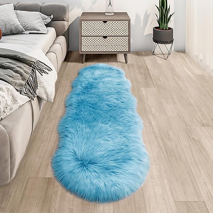 Faux Fur Rug for Bedroom, Fluffy Runner Rugs Soft Sheepskin Rug Sofa Couch Seat Cushion, 2x6ft Sky Blue Plush Area Rug Shag Rugs Floor Carpets for Nursery Bedside, Cute Shaggy Fuzzy Home Decor