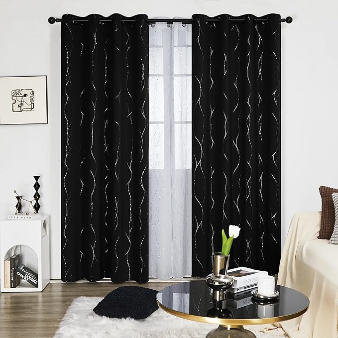Deconovo Sliding Door Curtains 108 Inch Long, Blak Blackout Window Drapes, Privacy Soundproof Thermal Insulated Curtain with Wave Dots Silver Print, Grommet Top, Set of 2 Panels for Patio Door Bedroom