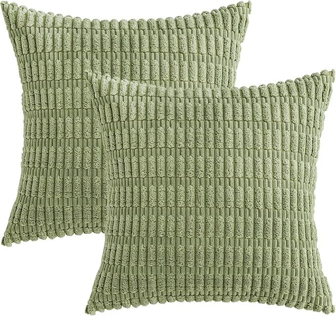 MIULEE Pack of 2 Spring Corduroy Decorative Throw Pillow Covers 12x12 Inch Soft Boho Striped Pillow Covers Modern Farmhouse Home Decor for Summer Sofa Living Room Couch Bed Sage Green