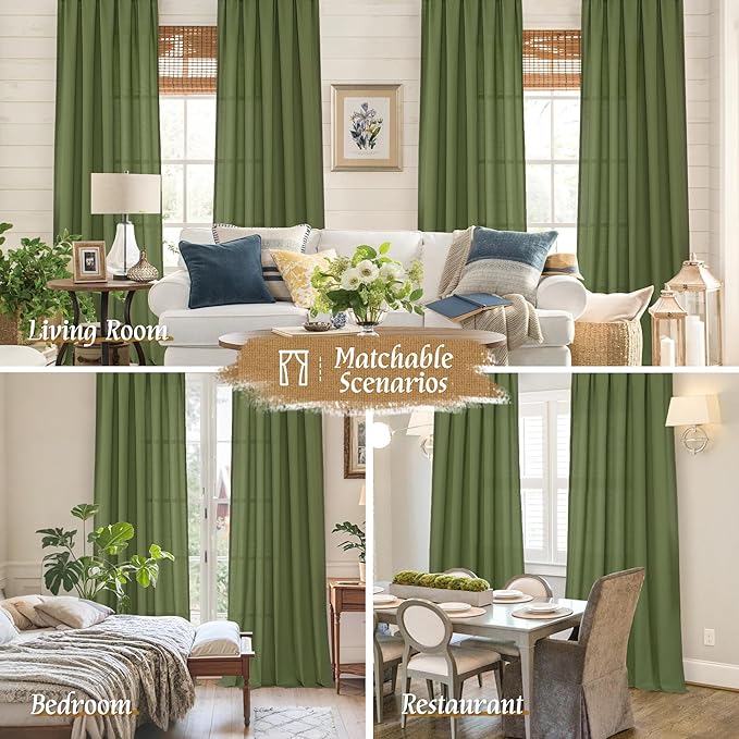 LAMIT Olive Green Linen Curtains for Bedroom, Faux Linen Textured Light Filtering Drapes Rod Pocket Boho Neutral Christmas Panels for Farmhouse/Living Room, 2 Panels, 52 x 72 Inch