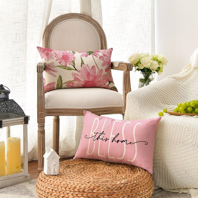 AVOIN colorlife Home Sweet Home Spring Summer Flowers Pink Throw Pillow Covers, 12 x 20 Inch Cushion Case for Sofa Couch Set of 4