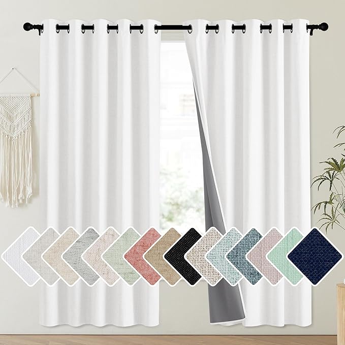 NICETOWN 100% Absolutely Blackout Linen Curtains with Thermal Insulated Liner, Greyish White, 62" Wide, 72" Length Energy Saving Curtains for Playroom 2 Panels Set, Vertical Blinds