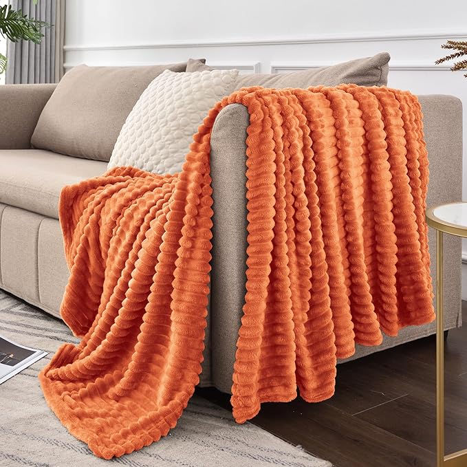 BEDELITE Fall Throw Blanket for Couch - 3D Ribbed Jacquard Soft & Warm Decorative Burnt Orange Blanket, Cozy, Plush, Fluffy, Fuzzy Fleece Throw Blanket for Bed, Sofa 50x60Inches