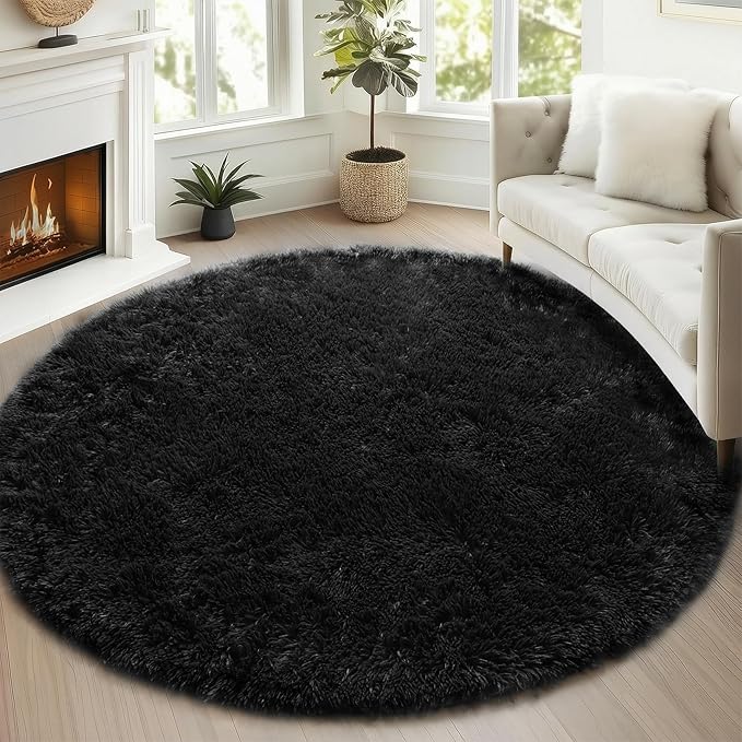 ONASAR Black Round Area Rugs 5ft, Soft Bedroom Circle Rug Floor Mats for Kids Girls Boys Teen Room, Fluffy Plush Shaggy Carpet for Baby Nursery Living Room Playroom Dorm Home Decor
