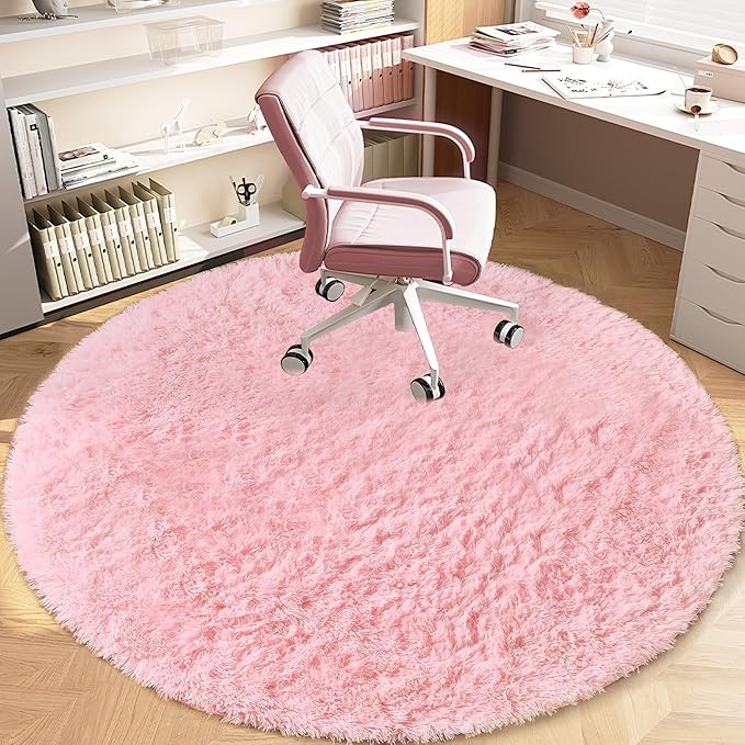 Pink Round Rugs for Bedroom: 4ft Circle Fluffy Shag Soft Washable Rug Small Fuzzy Plush Indoor Carpet for Kids Girls Boys Nursery Dorm Classroom (Pink, 4'x4')