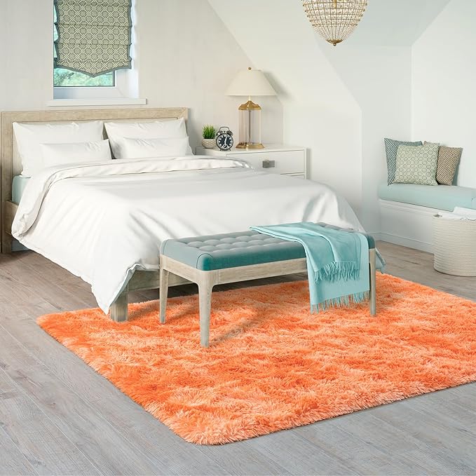 Goideal Fluffy Rug for Bedroom Living Room, 4x6 Orange Area Rugs, Faux Fur Shag Modern Carpet Ultra Soft Girls Boys Room Home Decor, Tie-Dyed