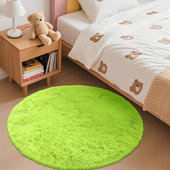 OLANLY Lime Green Round Rugs for Bedroom - Machine Washable, 3 ft Circle Area Rugs for Living Room, Soft and Fluffy Shaggy Carpet for Teen Girl and Boys, Nursery Rooms, Dorms, Home Decor Aesthetic