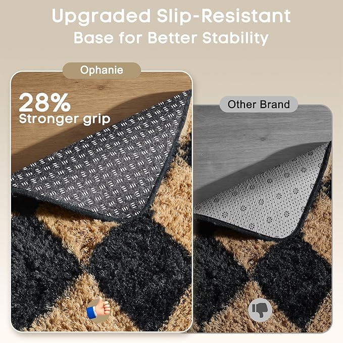 Ophanie Checkered Black & Beige Rhombus Rugs for Living Room Bedroom, Fluffy Soft Fuzzy Area Rugs, Plush Shaggy Bedside Floor 8x10 Furry Carpet for Kids Baby Teen Dorm Nursery Home Decor Aesthetic