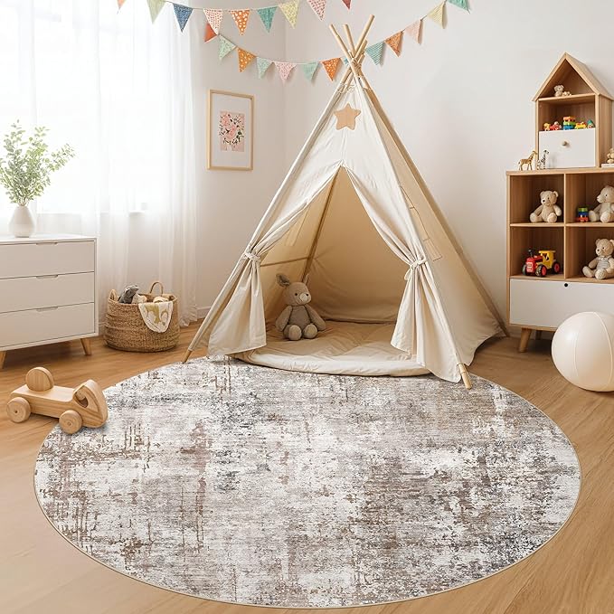 UERMEI 6ft Round Area Rug Living Room Rugs - 6x6 Washable Neutral Modern Abstract Soft Thin Rug Indoor Floor No Slip Rug Carpet for Bedroom Under Dining Table Home Office Decor - Brown/Grey/Red