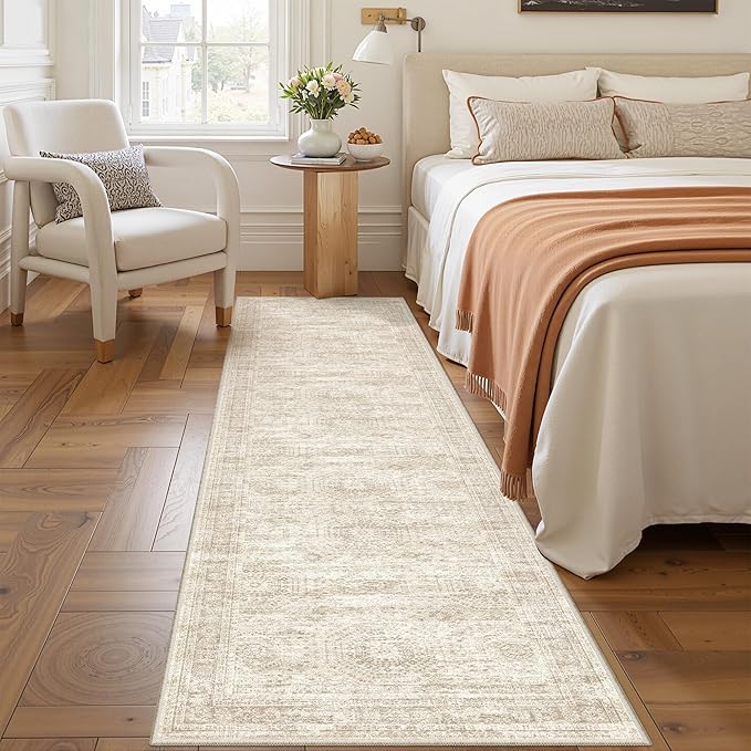 Rug Runners for Hallways Non Slip - 2x8 Runner Rug for Bedroom, Washable Runner with Rubber Backing, Soft Low-Pile Carpet for Kitchen, Laundry, Bathroom (2'x8', Beige/Ivory)