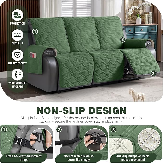 TAOCOCO 100% Waterproof Recliner Sofa Cover, Non Slip Split Couch Covers for Reclining Couches with Straps, Washable Reclining Sofa Cover Furniture Protector for Kids Pets(3 Seater, Vine Green)