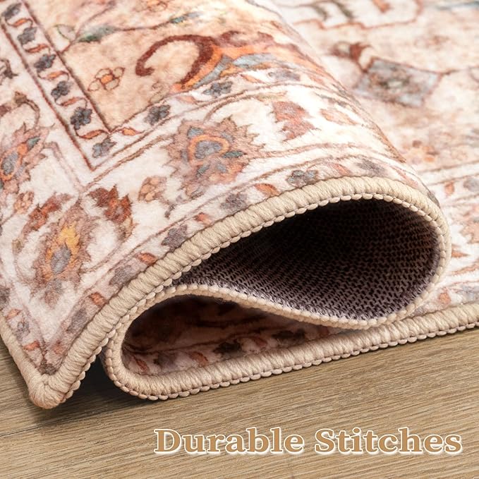 SERISSA Boho Area Rug 5x7 Peach Cream, Washable Large Rugs for Living Room, Ultra Soft Non-Slip Bedroom Rug Print Distressed Vintage Farmhouse Carpet Rug for Dining Room Dorm Office Home Decor
