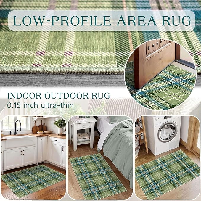 Front Door Mat Outside Entrance - 2x3 Buffalo Non-Slip Washable Doormat Indoor Outdoor Entrance Green Teal Plaid Tartan Rug Small Throw Rugs for Entryway Bedroom Kitchen Front Porch Decor