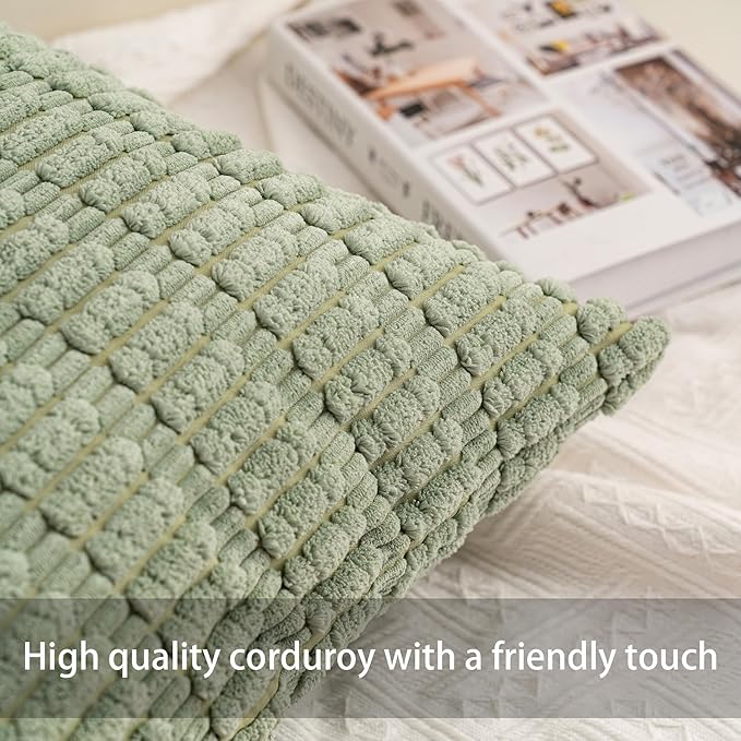 Pack of 2 Christmas Green Corduroy Decorative Throw Pillow Covers 24x24 Inch Soft Striped Pillow Covers Modern Farmhouse Home Decor for Sofa Living Room Couch Bed（Blackish Green）