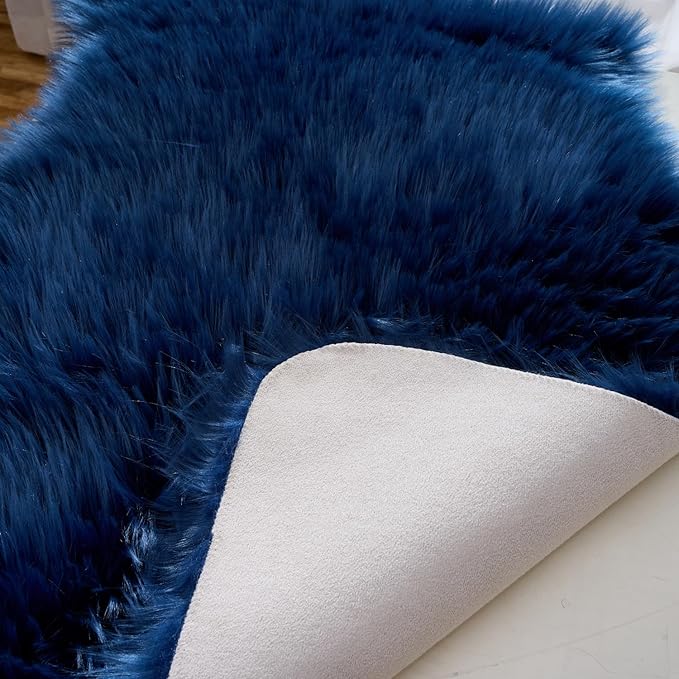 EasyJoy Ultra Soft Fluffy Shaggy Area Rug Faux Fur Rug Chair Cover Seat Pad Fuzzy Area Rug for Bedroom Floor Sofa Living Room (2 x 4 ft Sheepskin, Dark Blue)