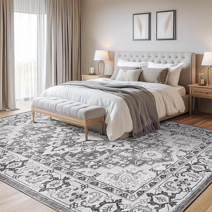 Lofus 9x12 Area Rugs for Living Room, Washable Area Rug, Rugs for Bedroom, Kitchen Rug, Vintage Boho Carpet, Soft Non-Slip, Low Pile Large Area Rug for Office Dining Room, Floral Grey