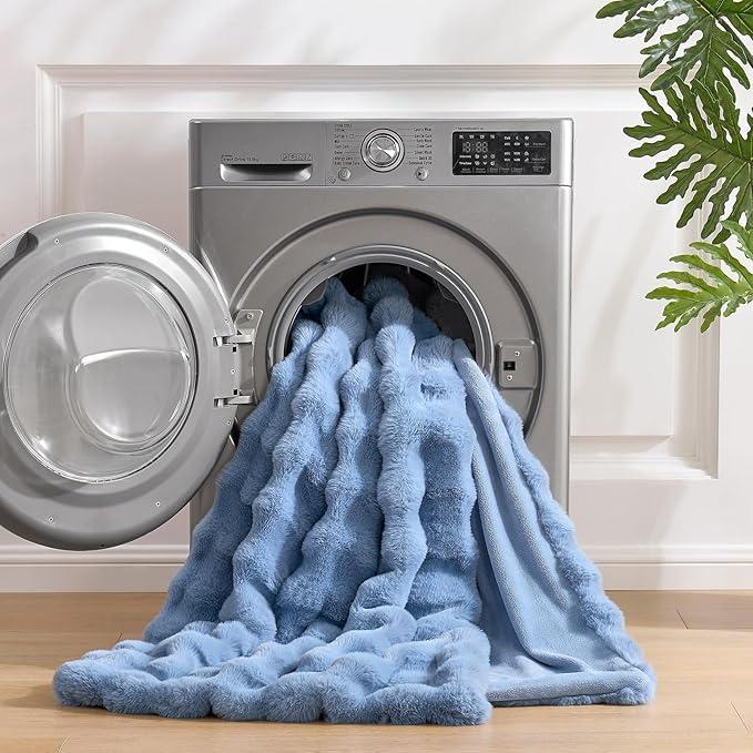 Cozy Bliss Faux Fur Bubble Throw Blanket for Couch, Fuzzy Soft Plush Thick Blanket for Sofa Bed Gift, 50x60 Inches Misty Blue